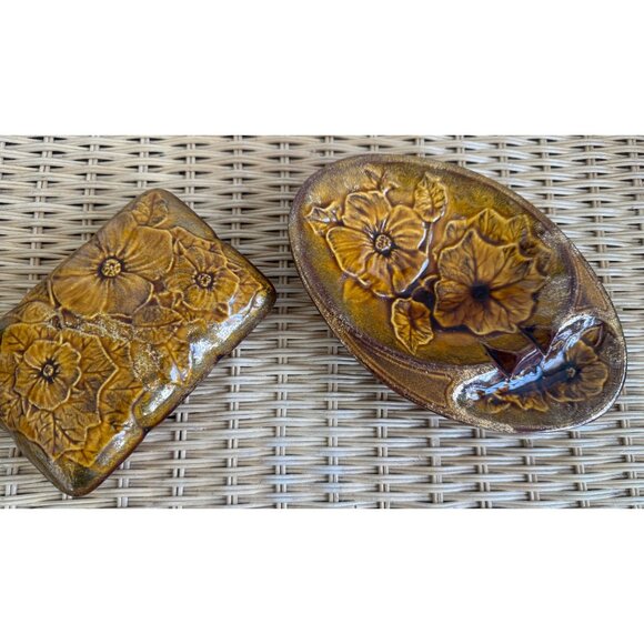 Vintage MCM California Pottery Ashtray Cigarette Box Set Brown Gold Floral - Picture 9 of 15
